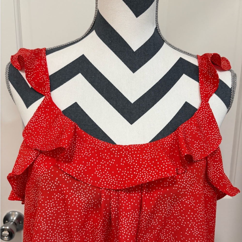 Collective Concepts Flutter Sleeve Tank Top Polka Dot Orange/White Flowy Ruffle‎ - Picture 2 of 6